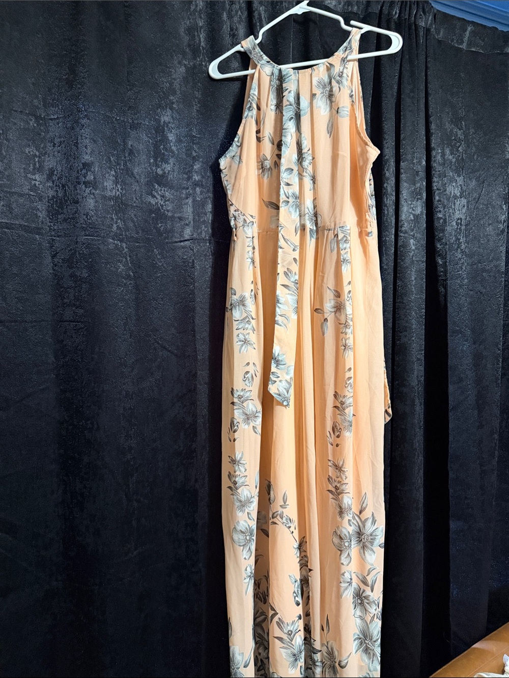 Sleeveless Peach Floral Maxi Dress with Tie Waist